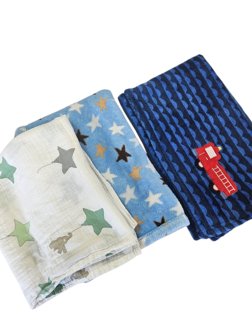 Bundle Of 3 Kids Star & Firetruck Soft Blankets - Blue Mix